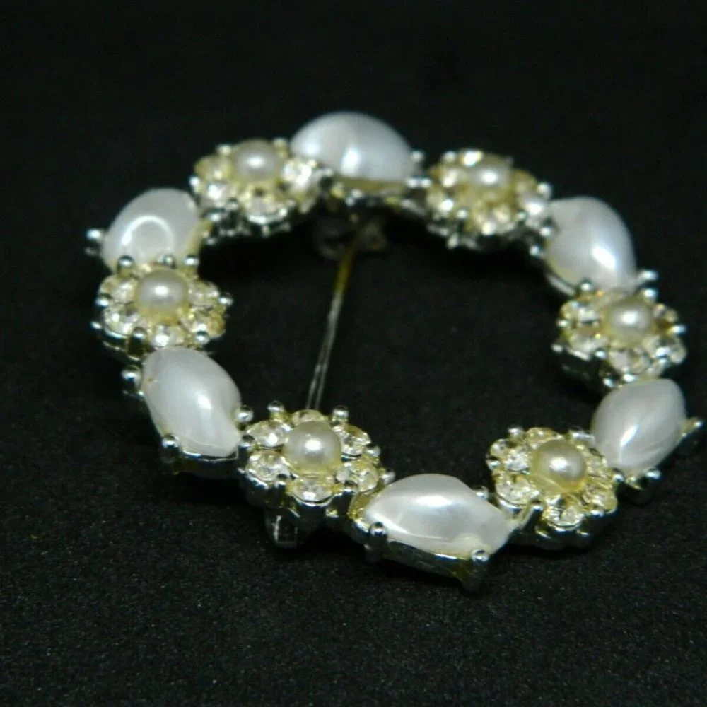 Clear Rhinestone Faux Baroque Pearl Silver Tone